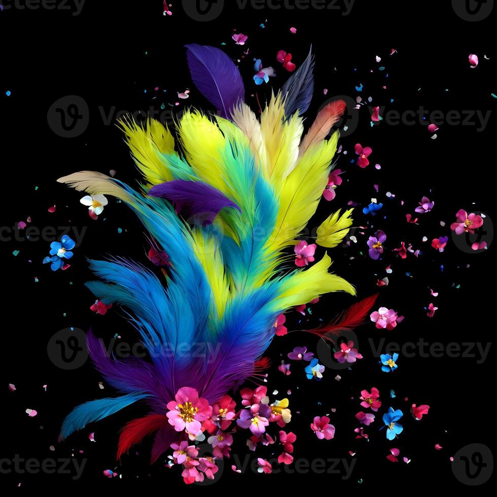 Multicolored Flowers And Feathers Background,Abstract background composition of feather and flower motifs, Designed with artificial intelligence, photo