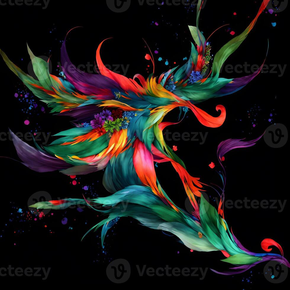 Multicolored Flowers And Feathers Background,Abstract background composition of feather and flower motifs, Designed with artificial intelligence, photo
