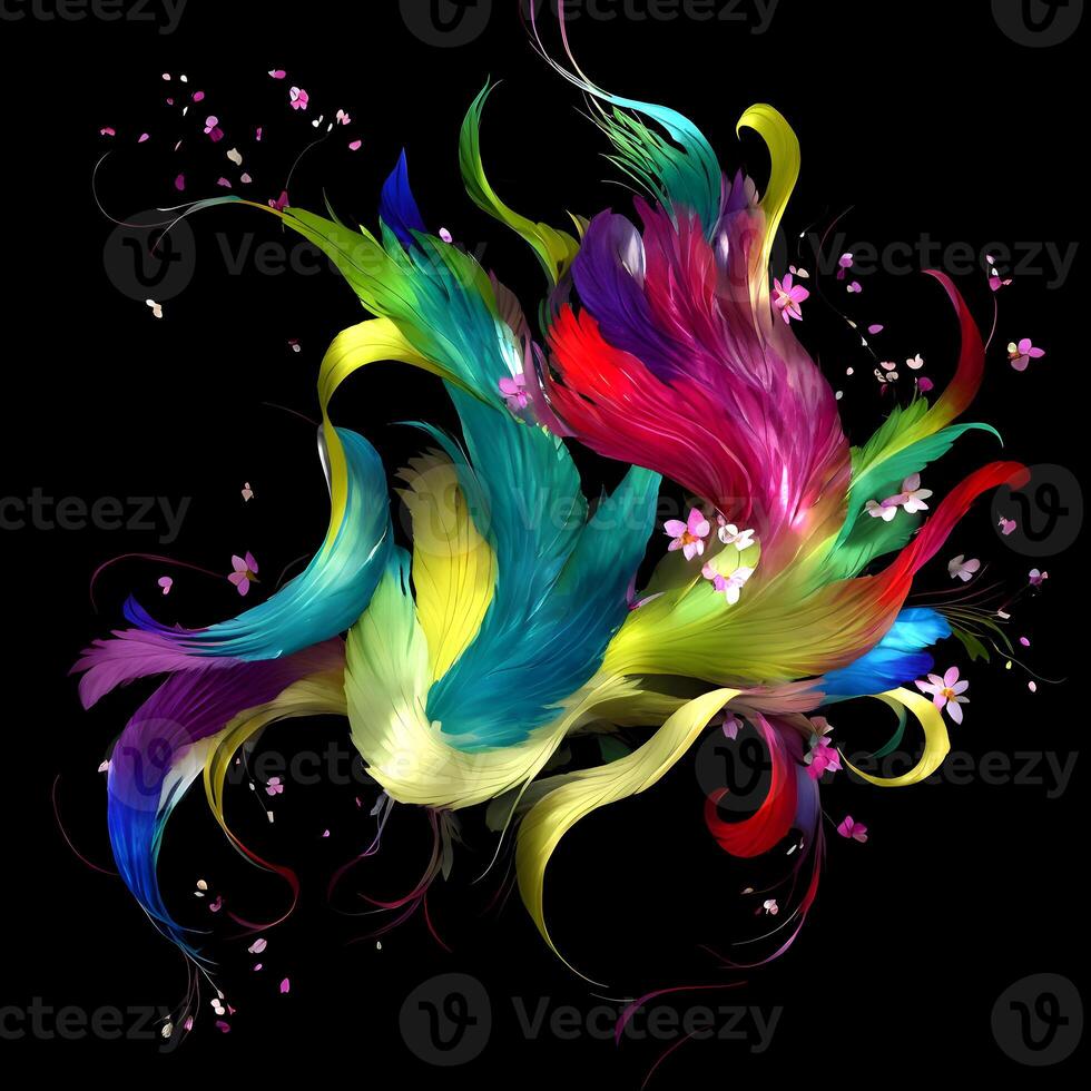 Multicolored Flowers And Feathers Background,Abstract background composition of feather and flower motifs, Designed with artificial intelligence, photo