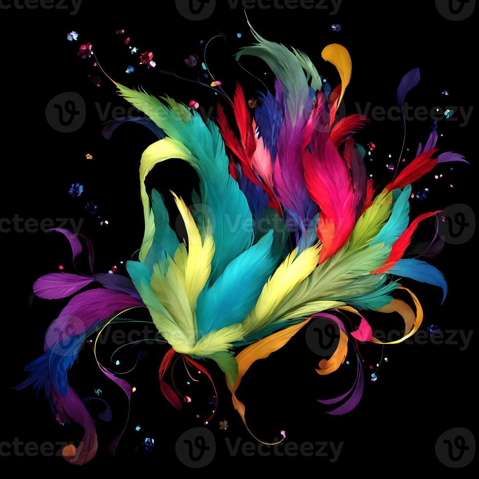 Multicolored Flowers And Feathers Background,Abstract background composition of feather and flower motifs, Designed with artificial intelligence, photo