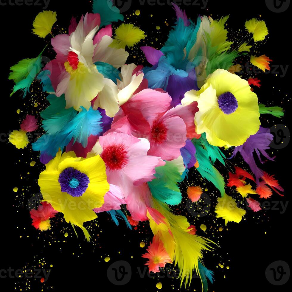 Multicolored Flowers And Feathers Background,Abstract background composition of feather and flower motifs, Designed with artificial intelligence, photo