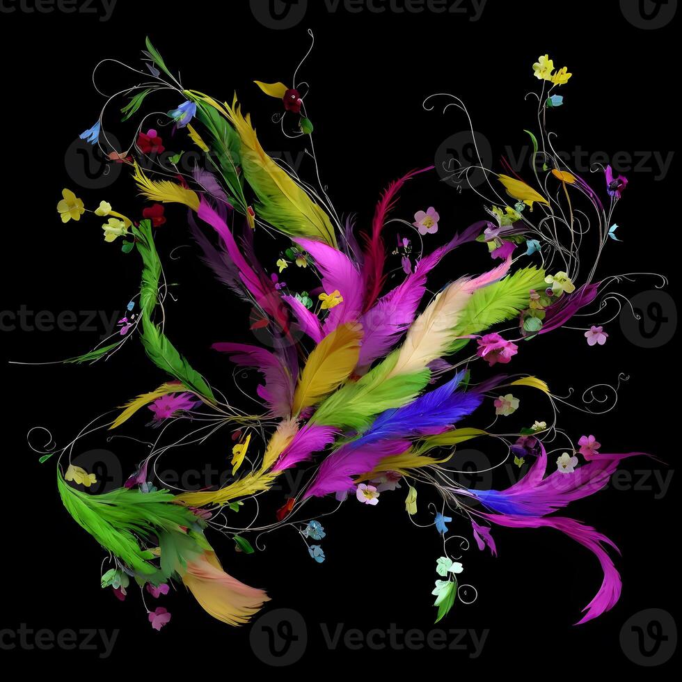 Multicolored Flowers And Feathers Background,Abstract background composition of feather and flower motifs, Designed with artificial intelligence, photo
