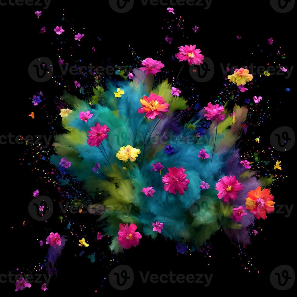 Multicolored Flowers And Feathers Background,Abstract background composition of feather and flower motifs, Designed with artificial intelligence, photo