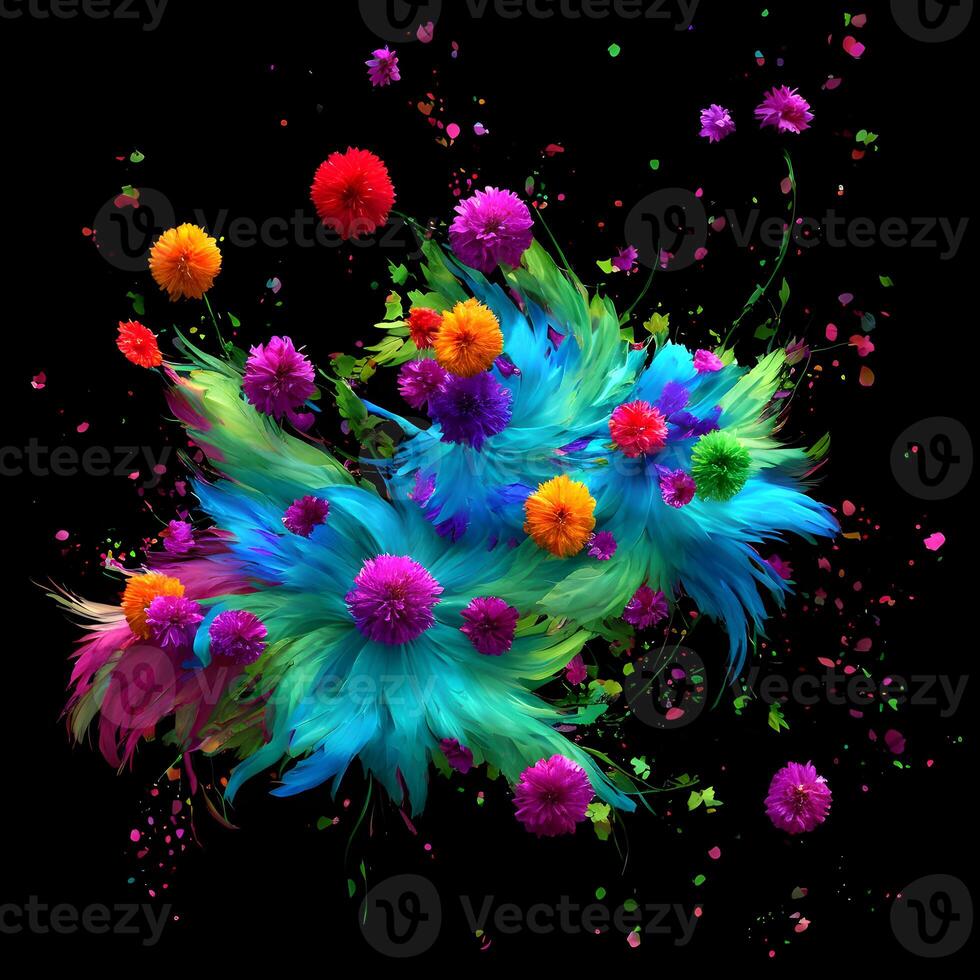 Multicolored Flowers And Feathers Background,Abstract background composition of feather and flower motifs, Designed with artificial intelligence, photo