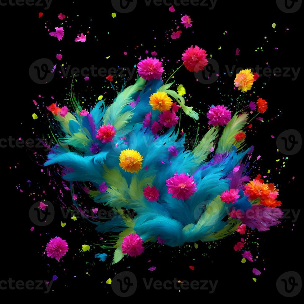 Multicolored Flowers And Feathers Background,Abstract background composition of feather and flower motifs, Designed with artificial intelligence, photo