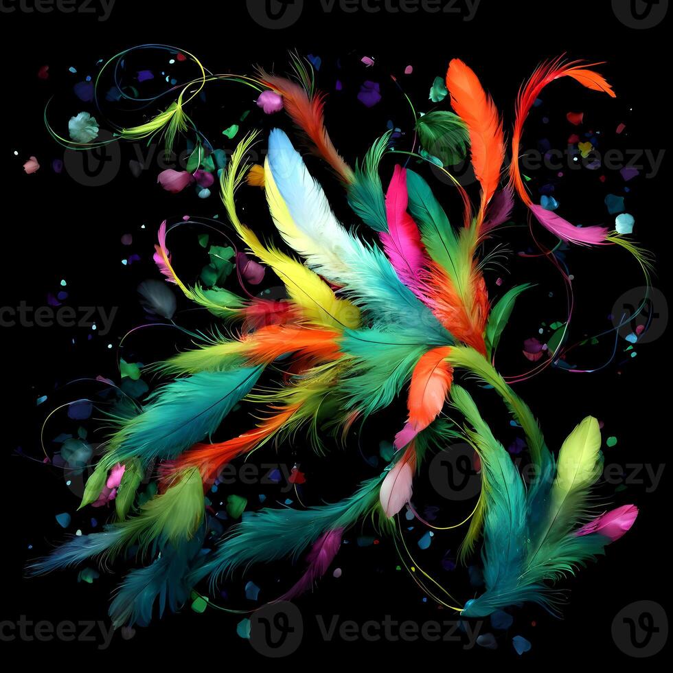 Multicolored Flowers And Feathers Background,Abstract background composition of feather and flower motifs, Designed with artificial intelligence, photo