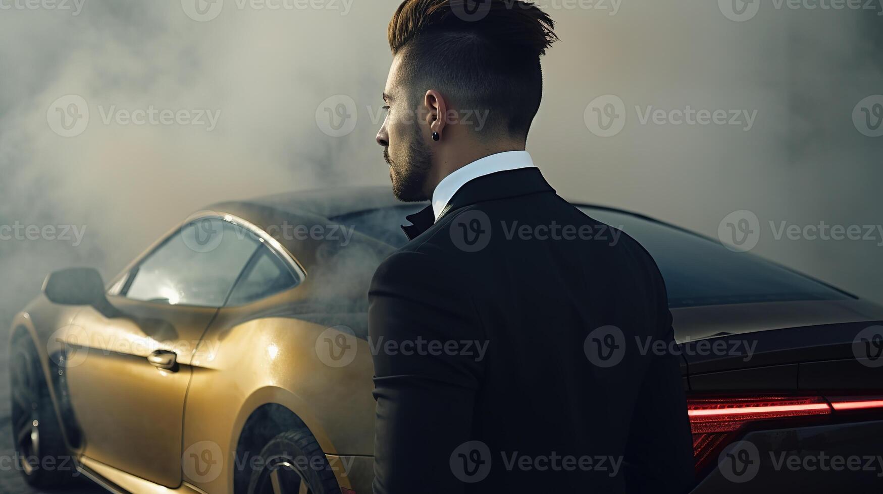 A Rich Businessman Standing in Front of a Luxurious Supercar. photo