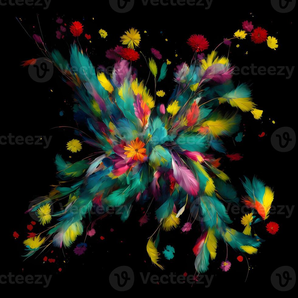 Multicolored Flowers And Feathers Background,Abstract background composition of feather and flower motifs, Designed with artificial intelligence, photo