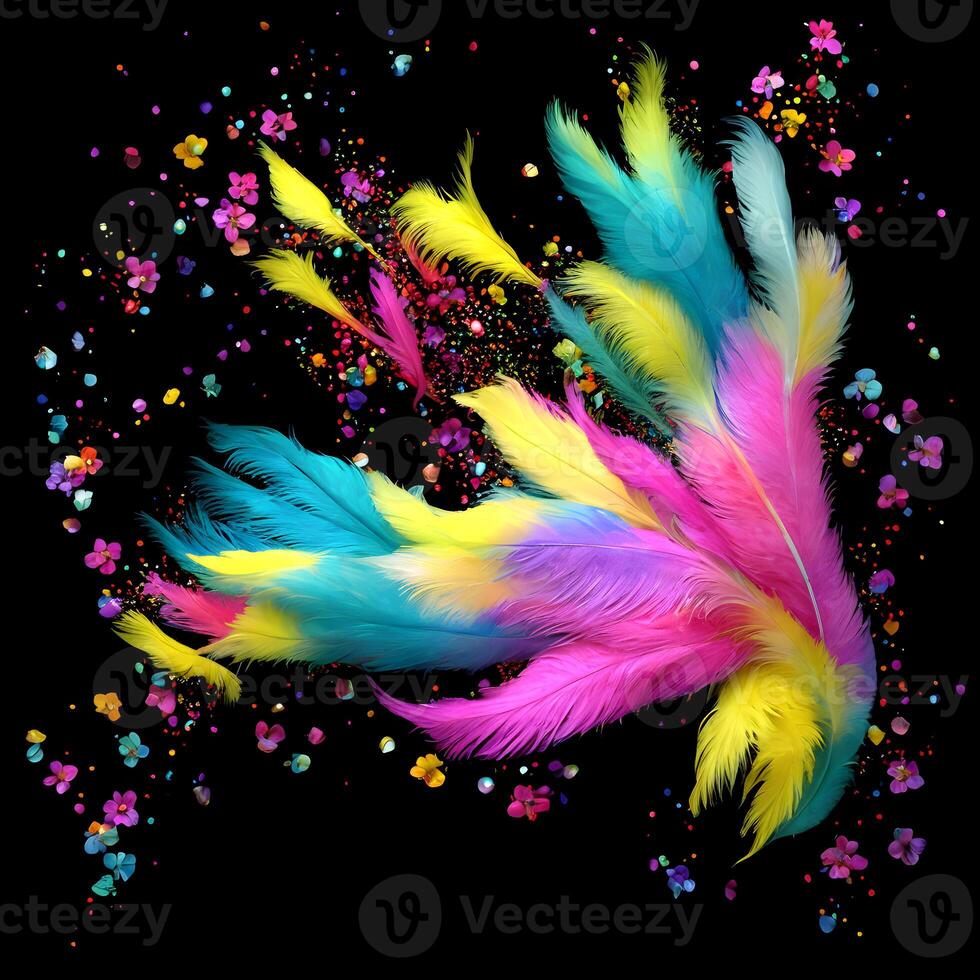 Multicolored Flowers And Feathers Background,Abstract background composition of feather and flower motifs, Designed with artificial intelligence, photo