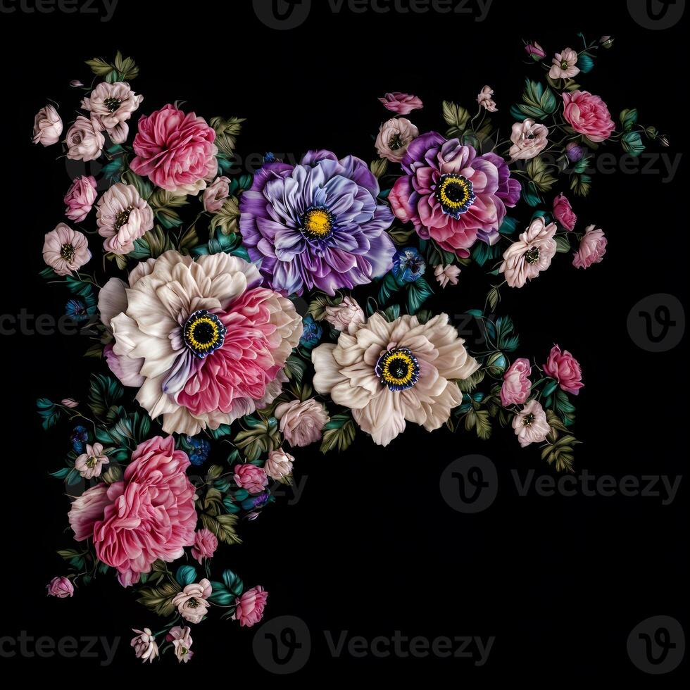 A painting of flowers with leaves and flowers on a black background. Bouquet of colorful garden flowers on black background. Designed with artificial intelligence, photo