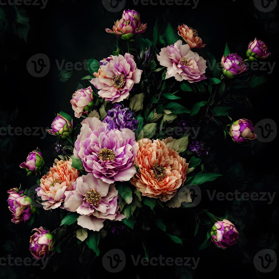 Bouquet of colorful garden flowers on black background. Designed with artificial intelligence, photo
