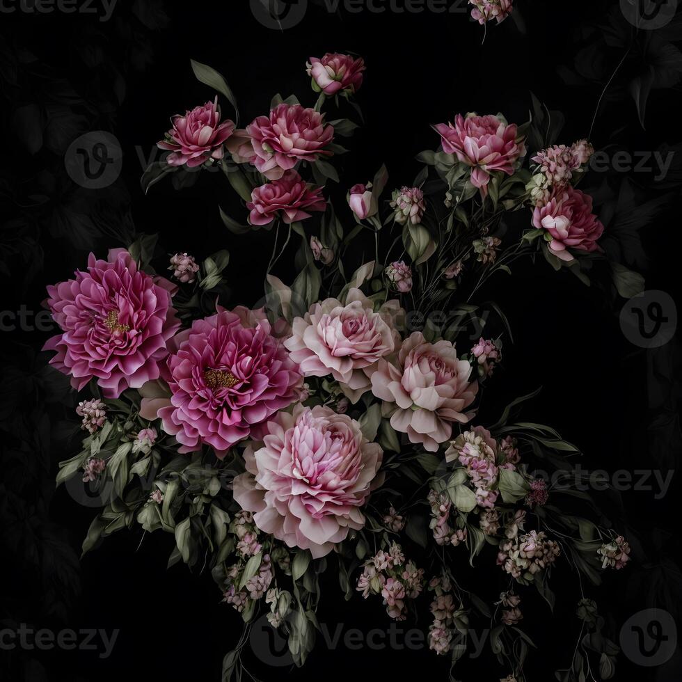 Bouquet of colorful garden flowers on black background. Designed with artificial intelligence, photo