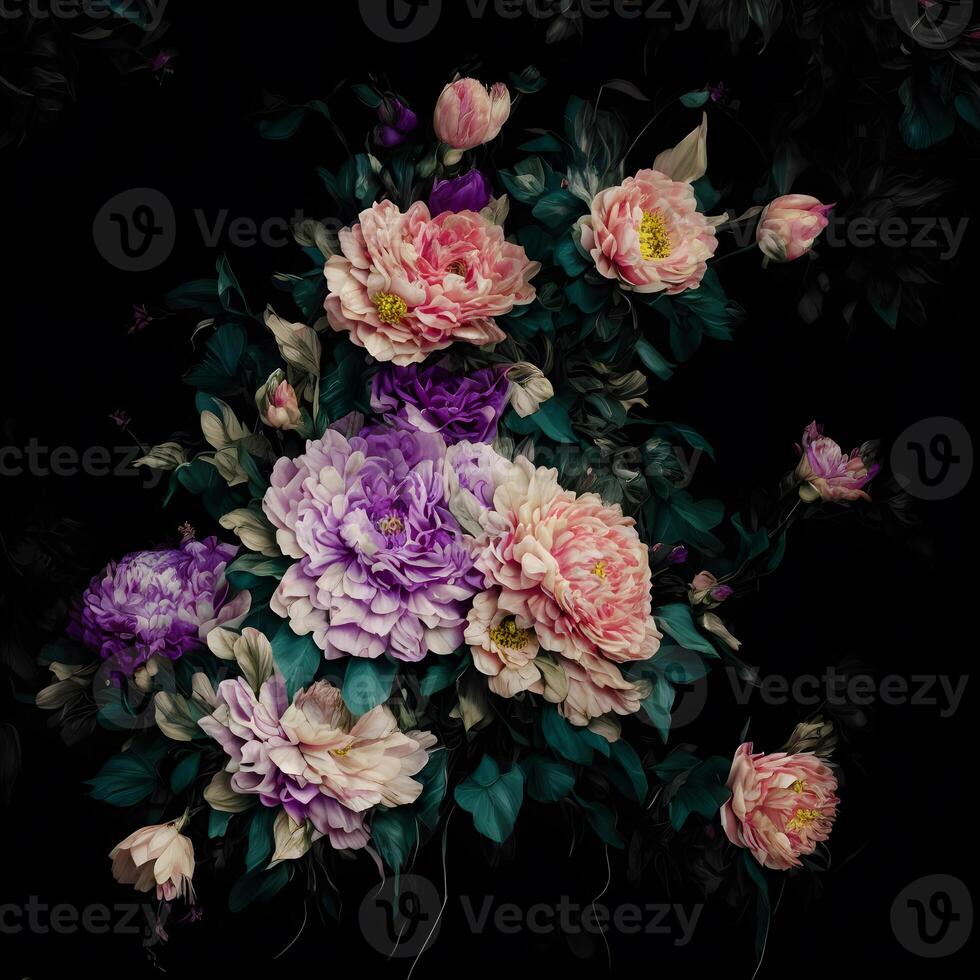 Bouquet of colorful garden flowers on black background. Designed with artificial intelligence, photo