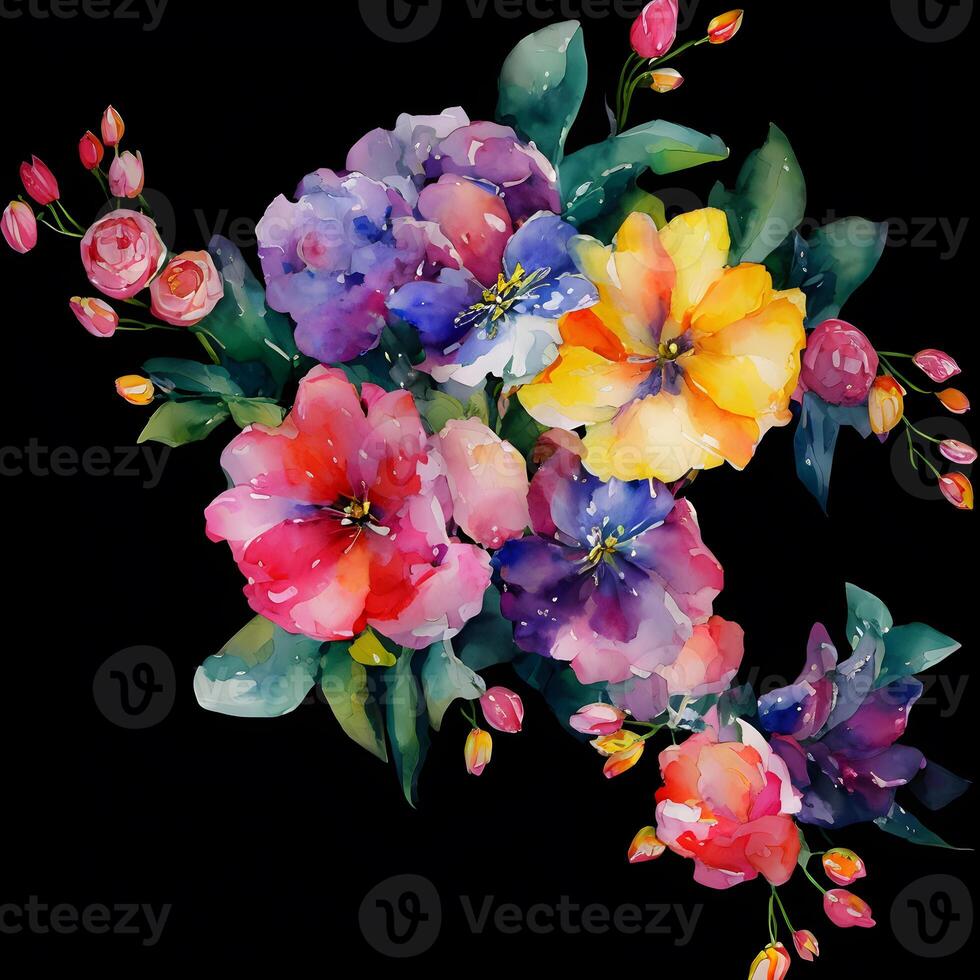Watercolor flowers bouquet, Digital painted flower arrangement, Multicolored Flowers Background, photo