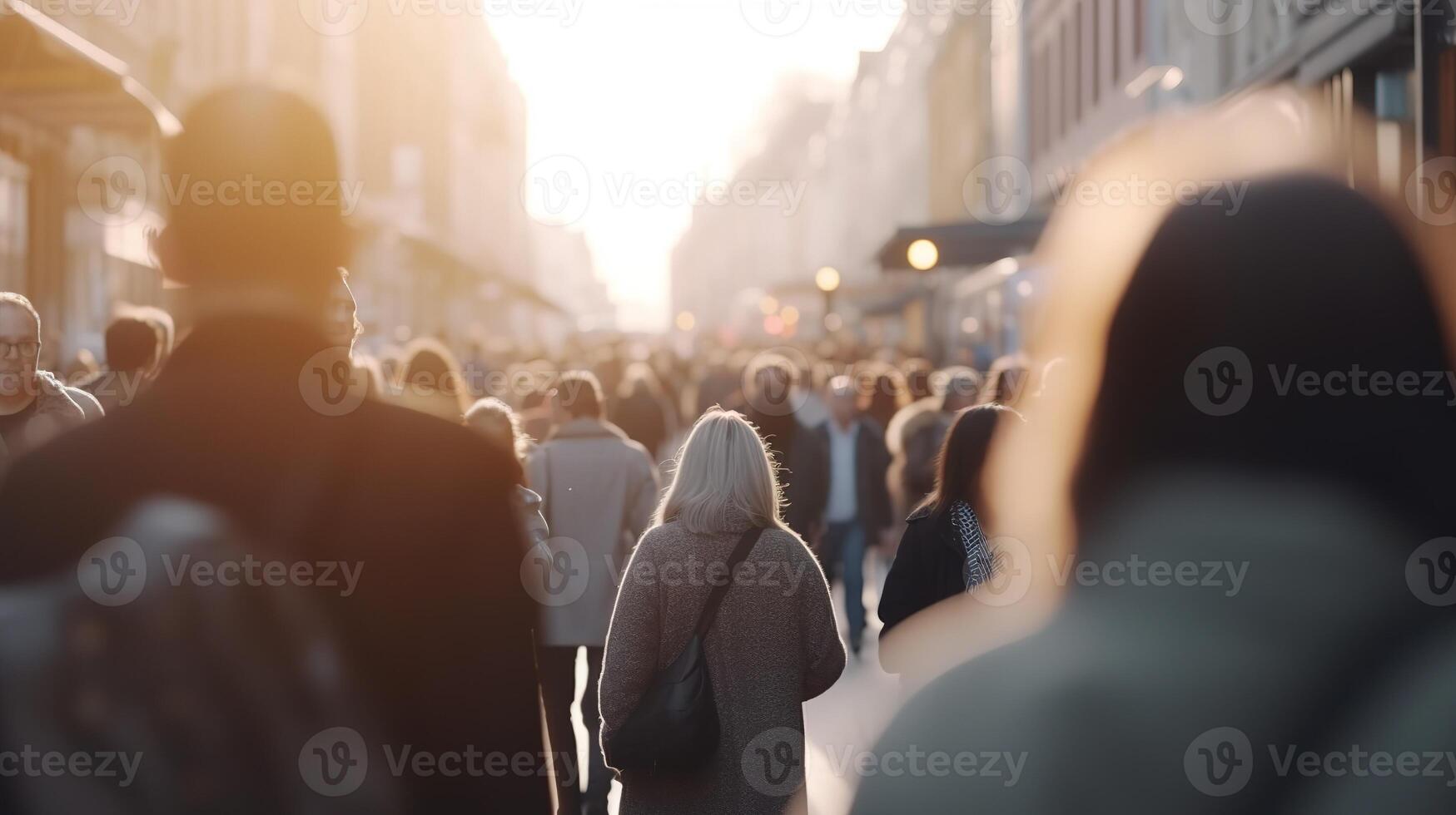 ciudad vida en movimiento. un bokeh difuminar de personas caminando mediante el ocupado calles generativo ai foto