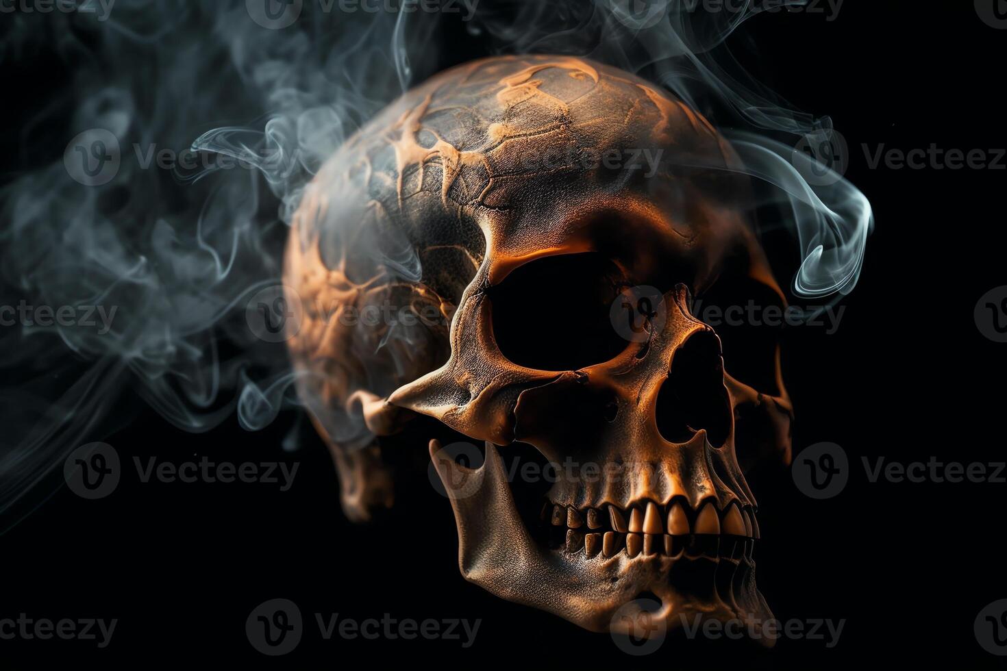 High contrast image of a spooky skull emerging from a plume of smoke. photo