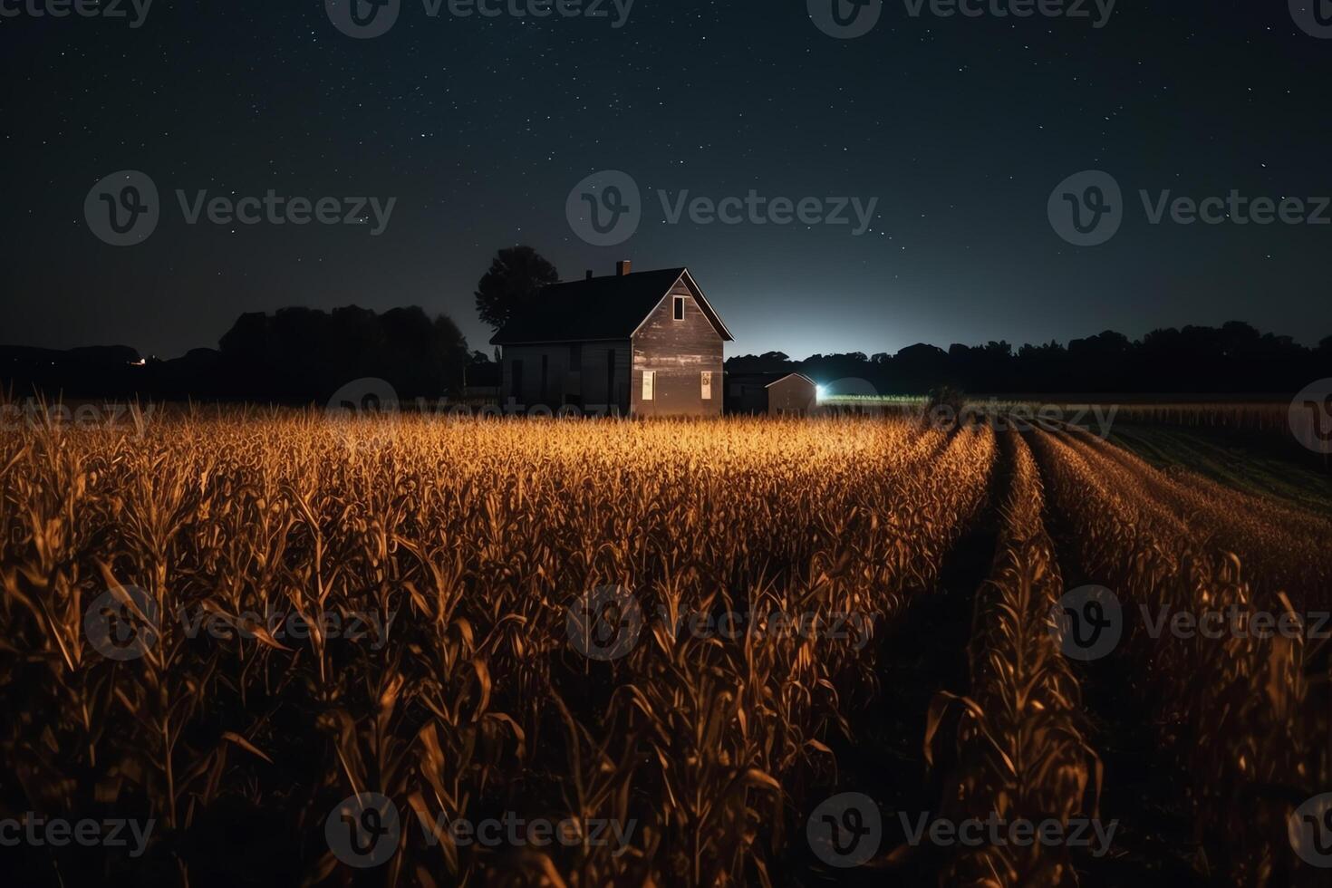 A corn field with a barn in the background at night. AI Generated 23381282  Stock Photo at Vecteezy