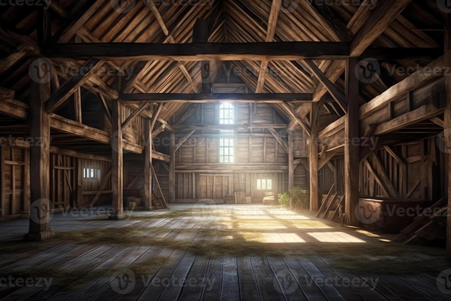 Interior of big old barn in the countryside wood beams windows background illustration digital matte painting. photo