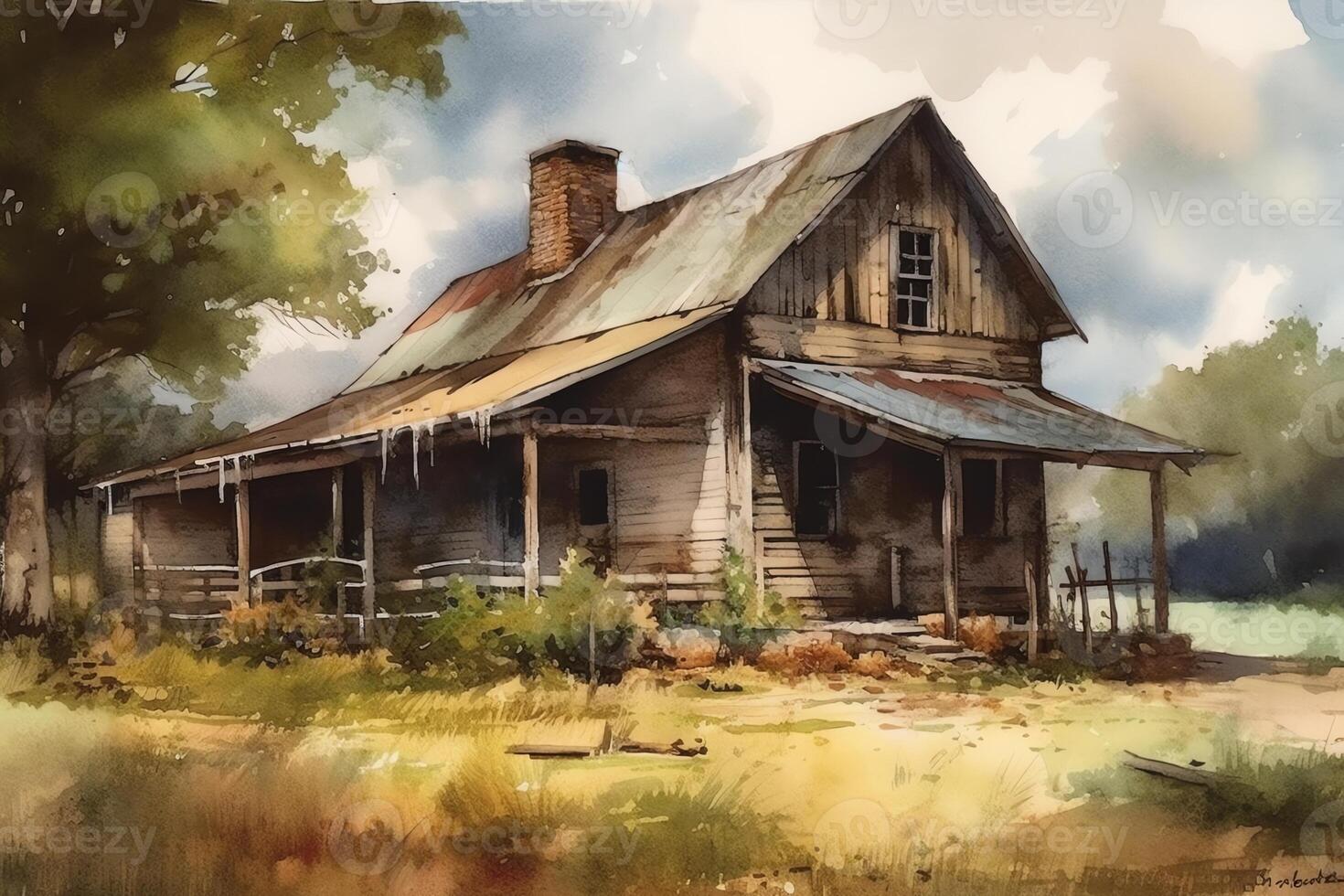 Old barn cottage in watercolor. photo