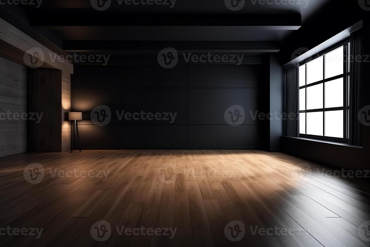 vacío habitación con negro pared antecedentes de madera piso vivo habitación 3d representación. ai generado foto