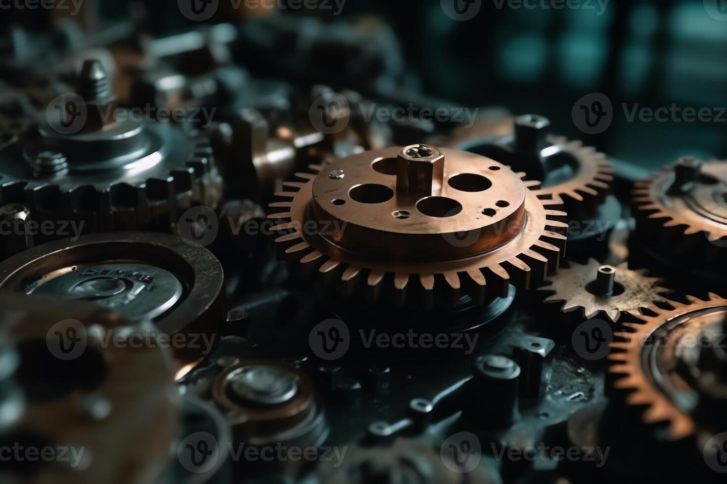 Mechanism gears and cogs at work industrial machinery gears background. photo
