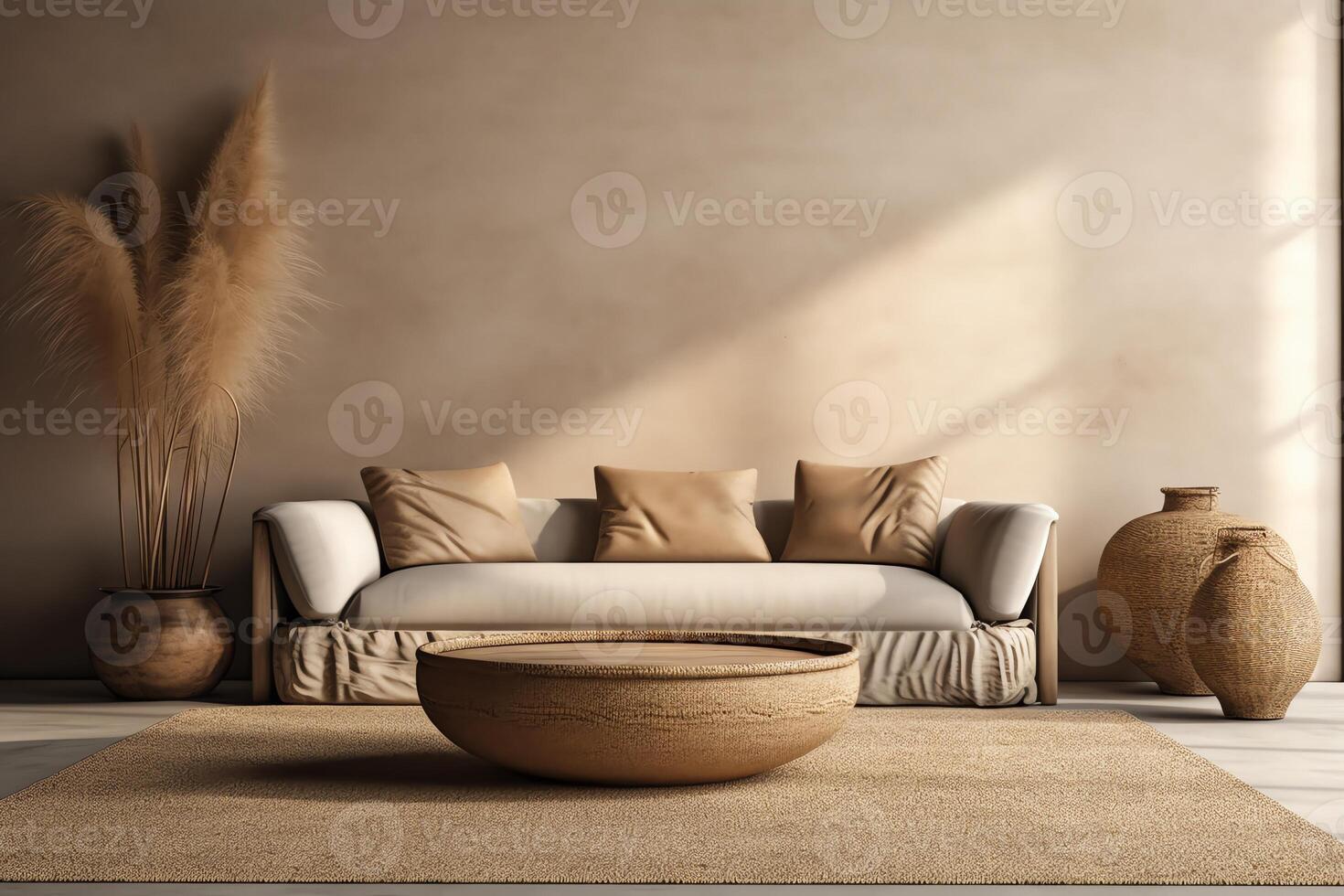 Warm neutral wabi sabi style interior mockup with low sofa jute rug ceramic jug side table and dried grass decoration on empty concrete wall background 3d rendering. photo