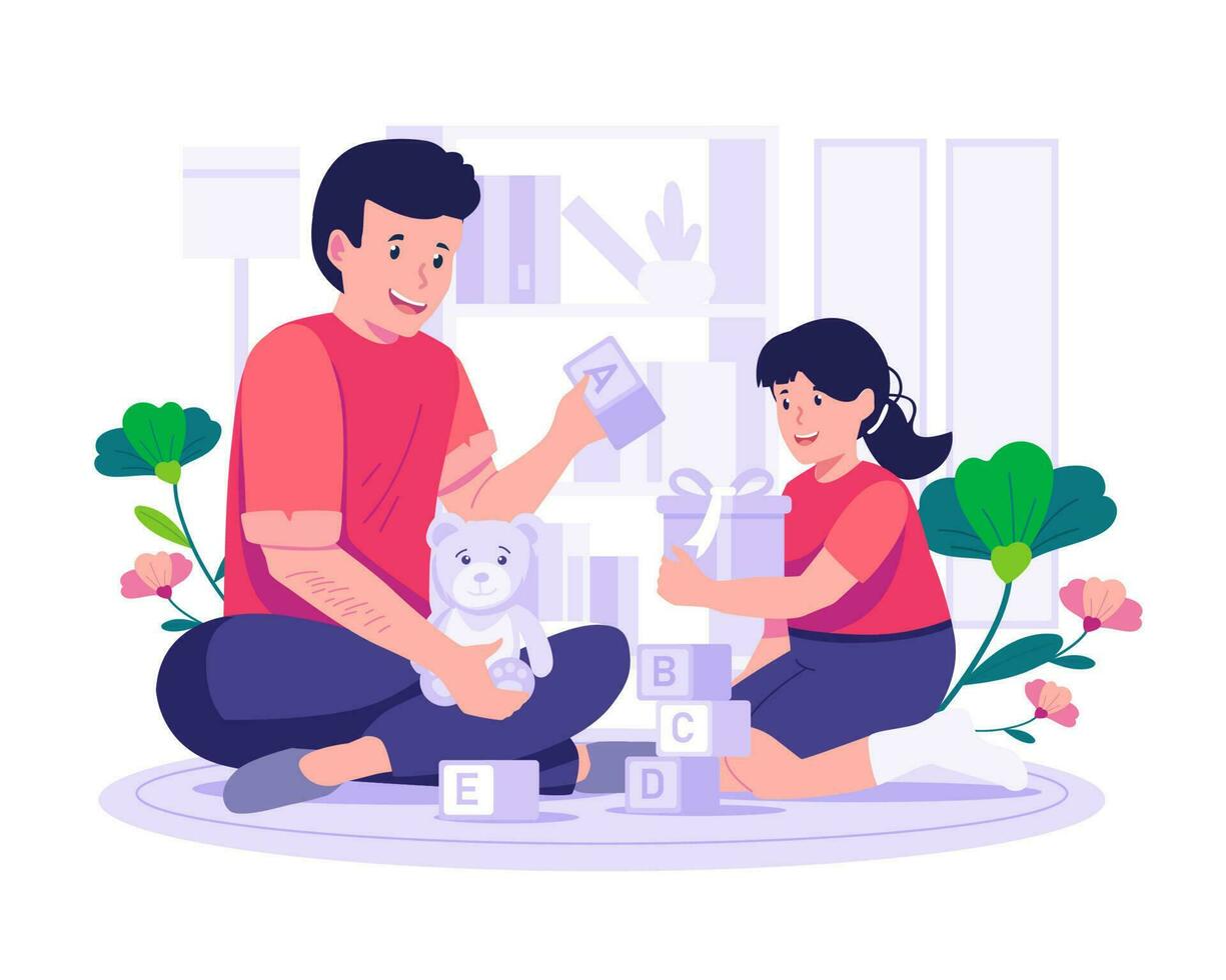Happy Father's Day. Young Man Father playing with his daughter. Family relationship, Fatherhood, Childhood. Vector illustration