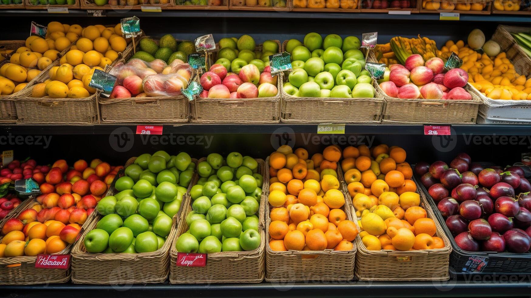 vistoso formación de Fresco frutas en monitor a local verdulero. generativo ai foto