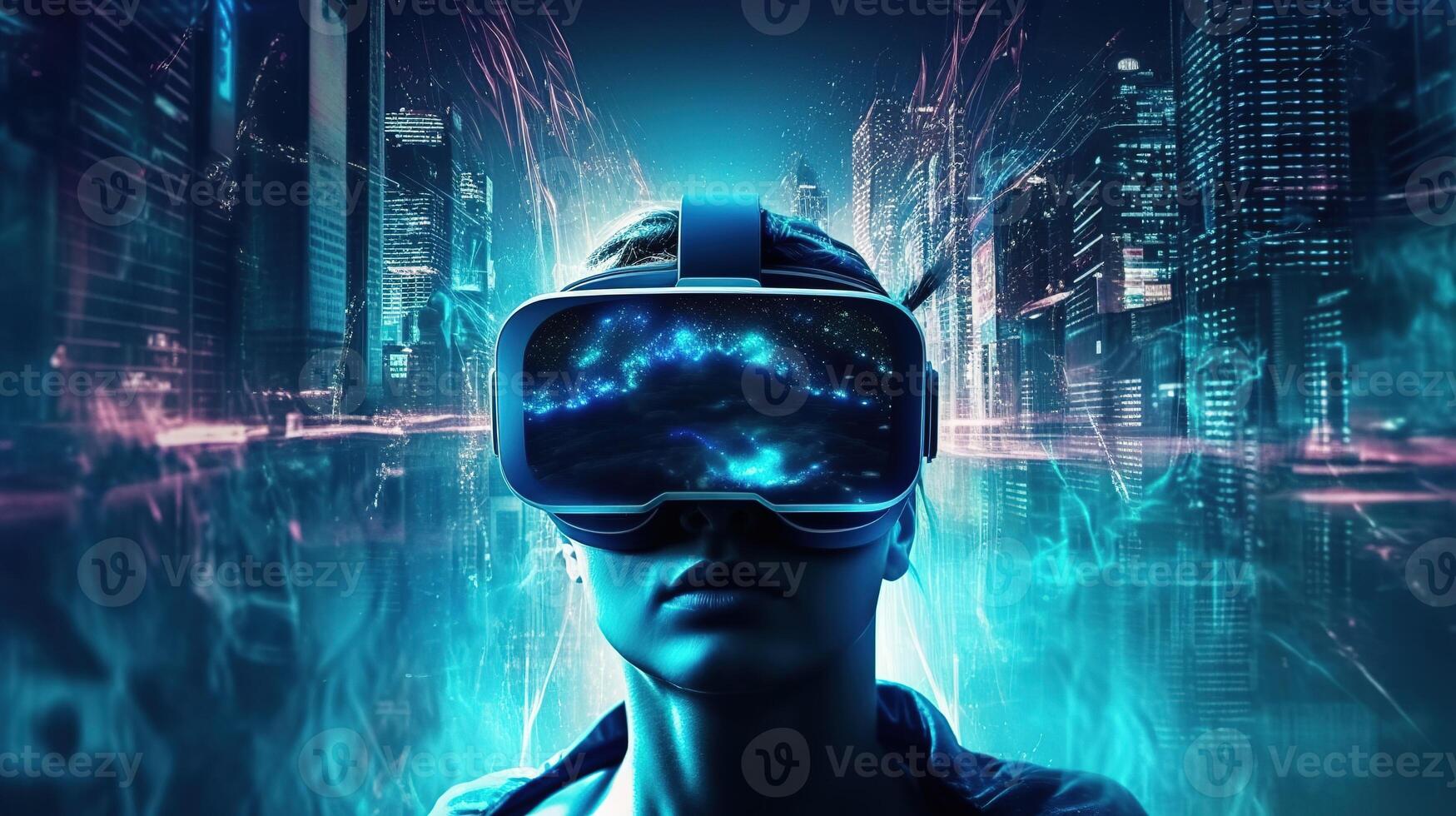 metaverso y virtual realidad red concepto. utilizando vr auriculares en ciudad fondo, doble exposición. generativo ai foto