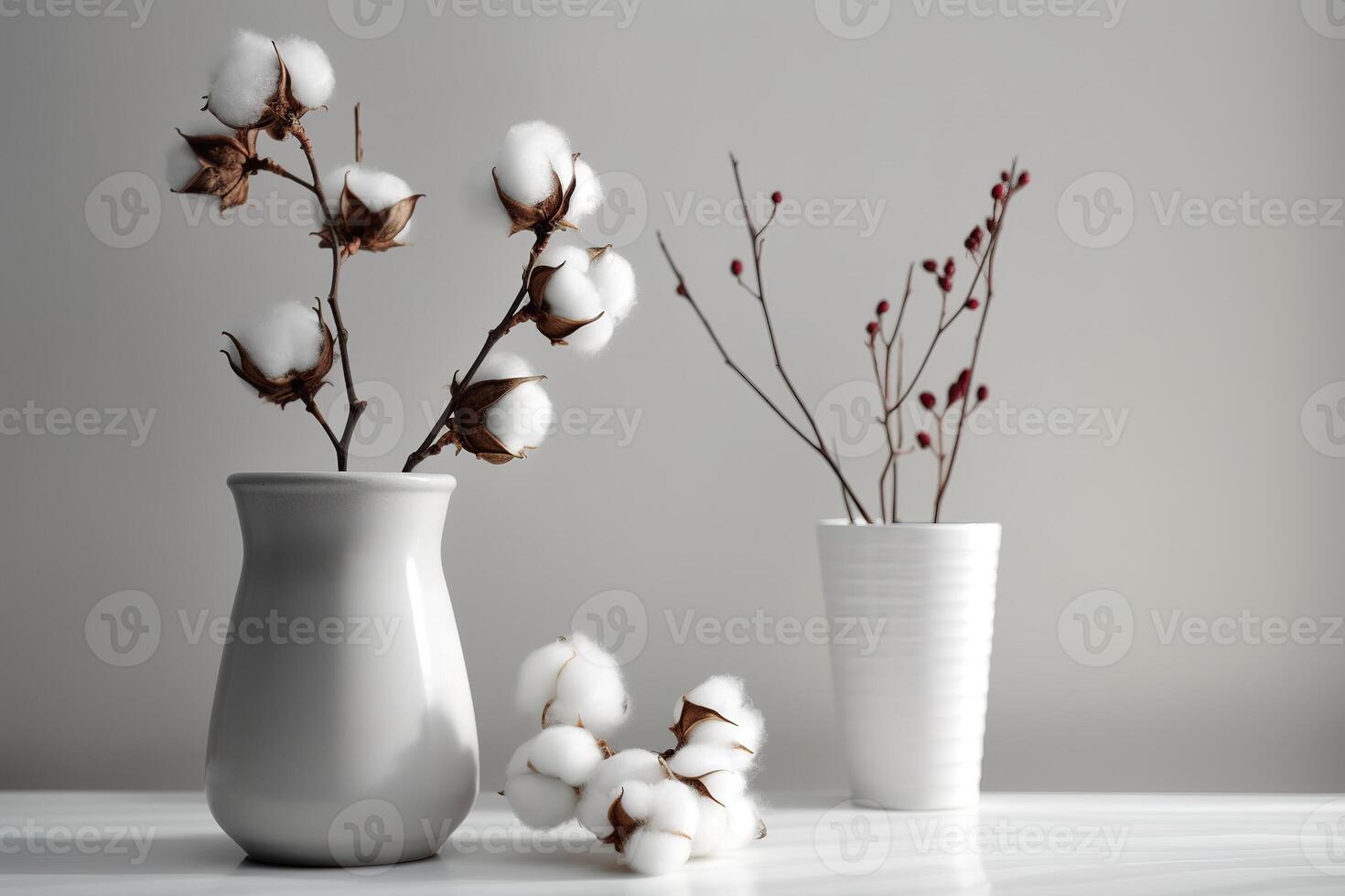 un sereno todavía vida de algodón ramas en un blanco florero. generativo ai foto