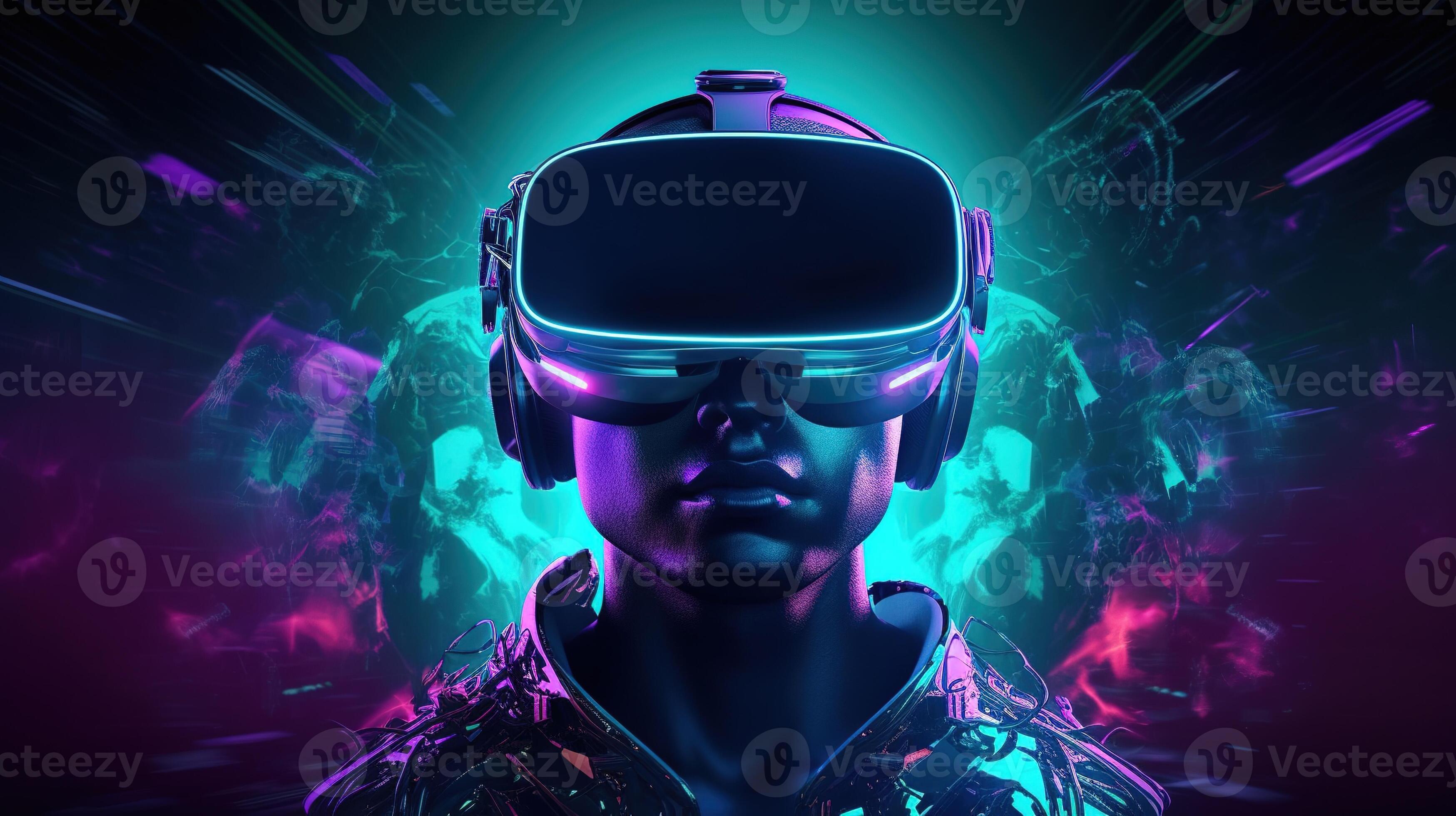 Metaverse and virtual reality network concept. Using VR headset on city