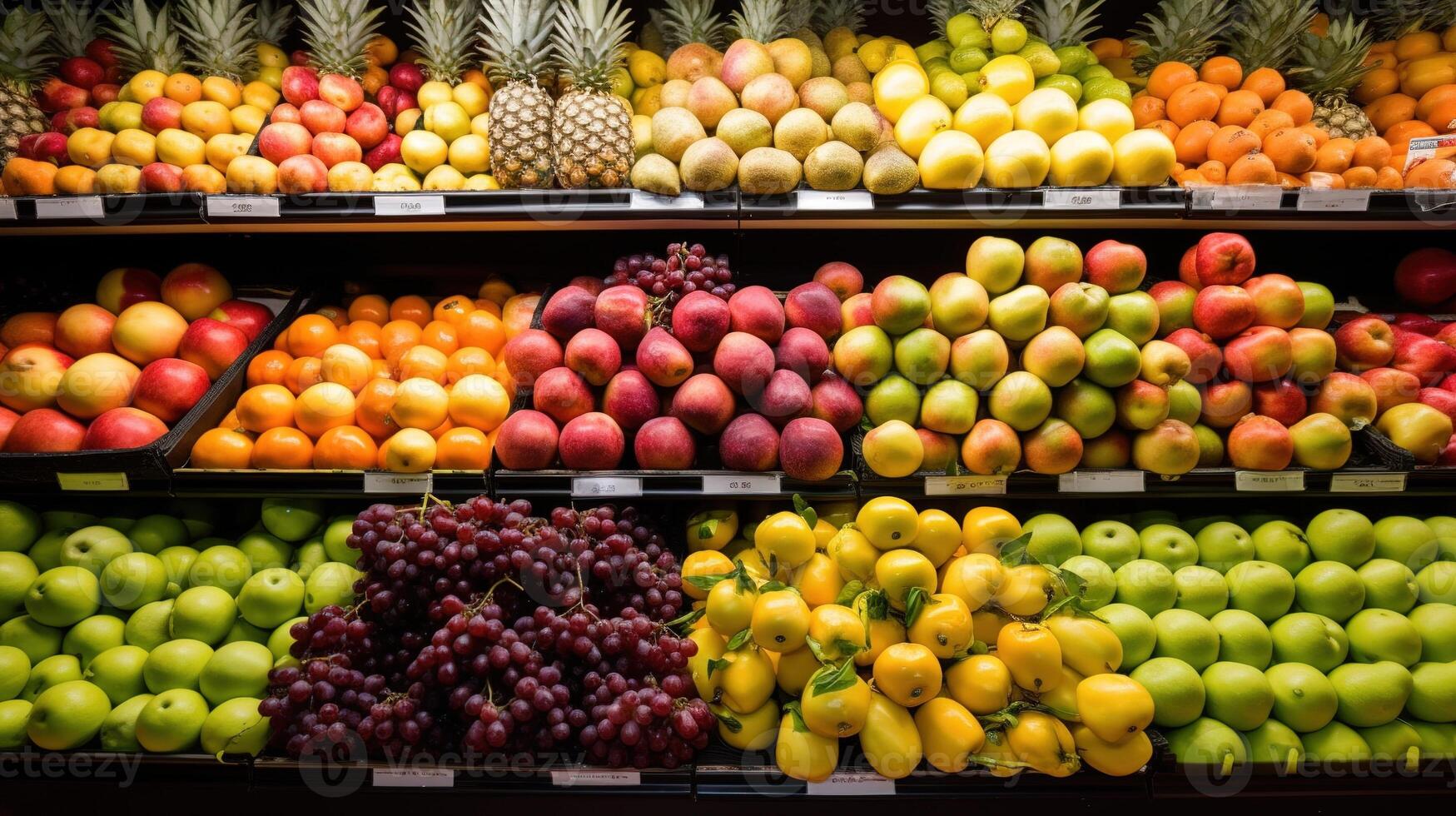 Colorful Array of Fresh Fruits on Display at Local Greengrocer. photo