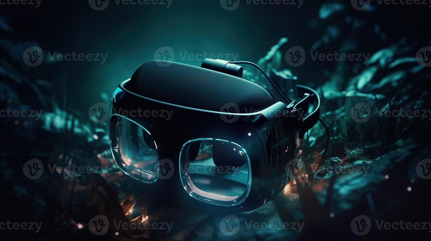 Metaverse and virtual reality network concept. Using VR headset on city background, double exposure. photo