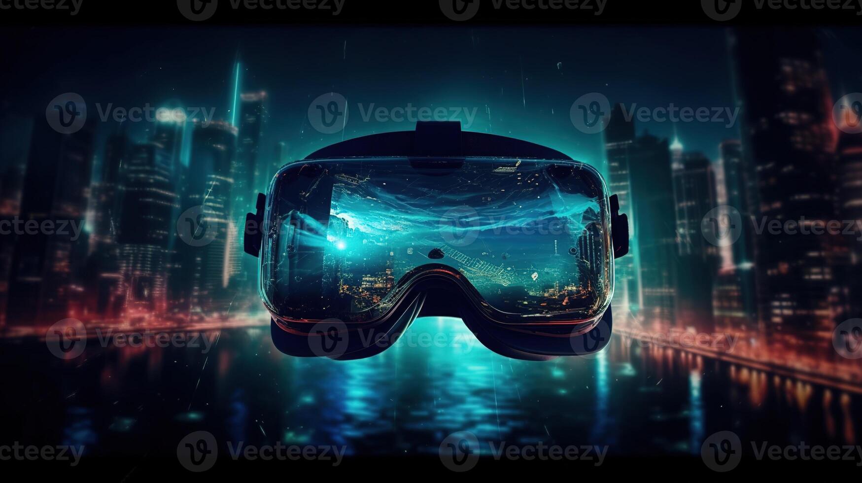 Metaverse and virtual reality network concept. Using VR headset on city background, double exposure. photo