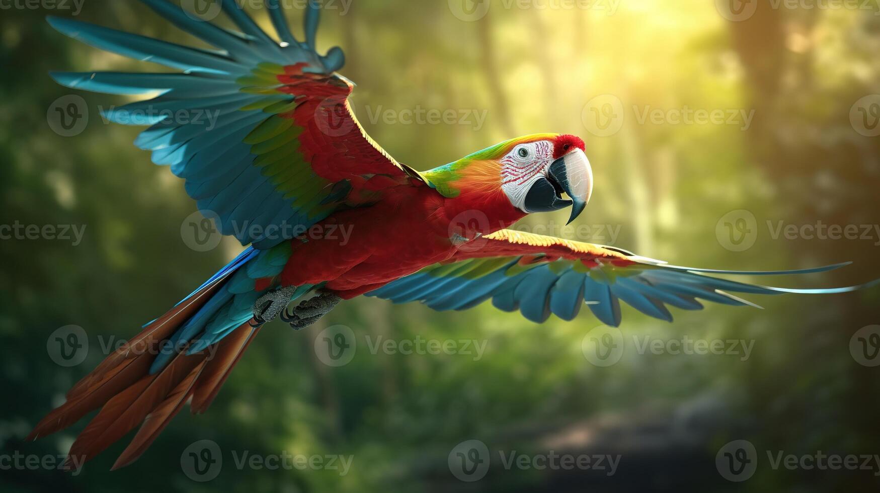 Macaw Parrot in Flight. Generative AI photo