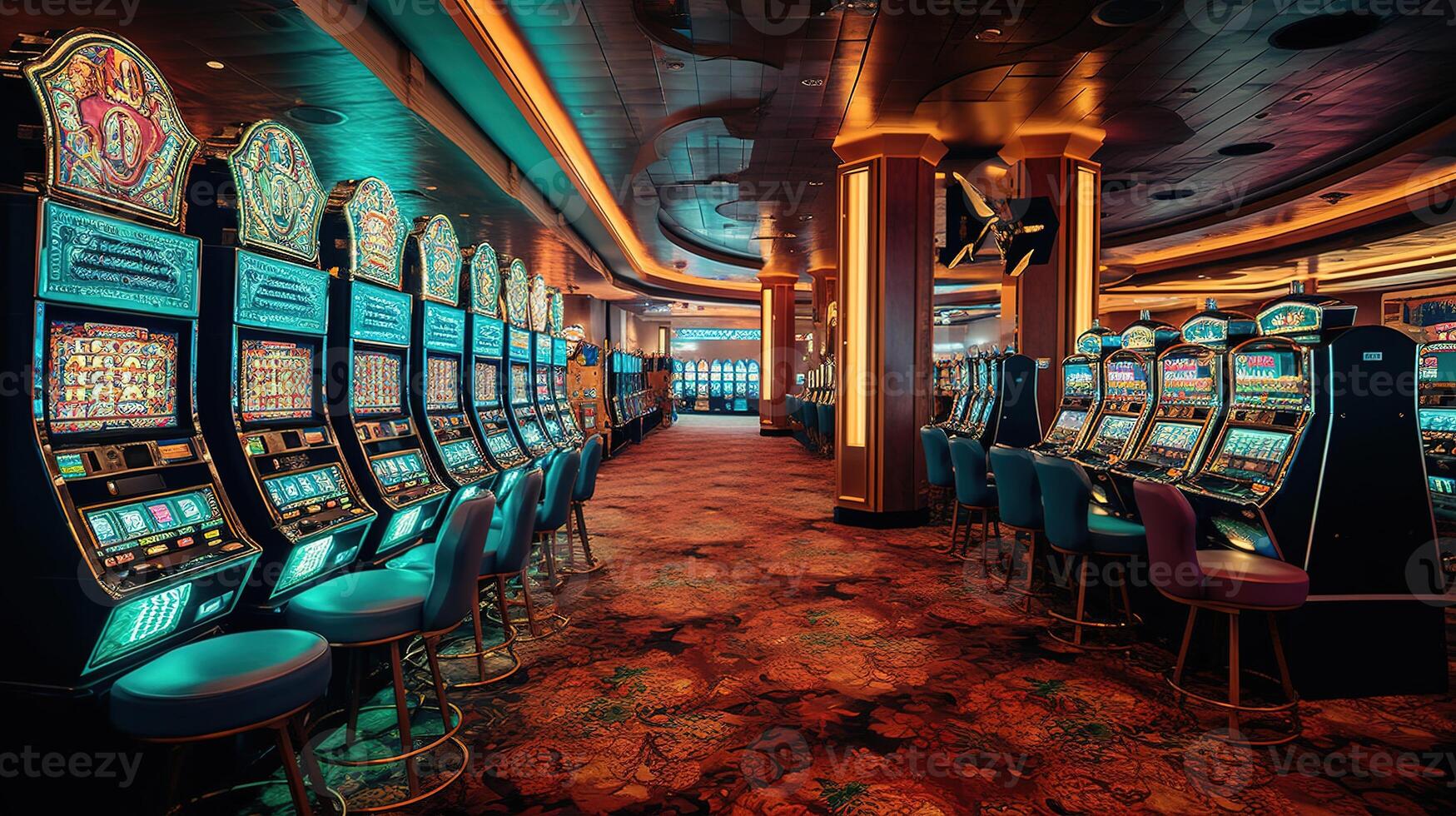 A Lavish Casino Interior with Abundant Slot Machines. photo