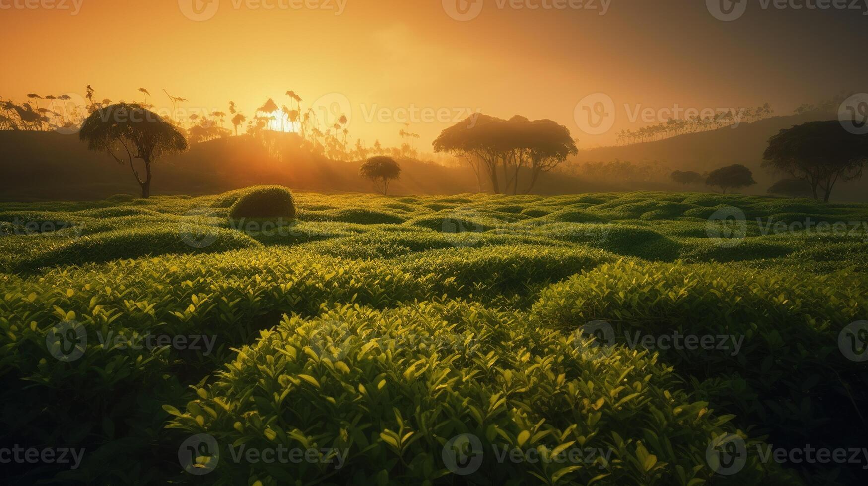 Beauty of Sunlit Tea Fields in a Serene and Tranquil Rural Landscape. photo