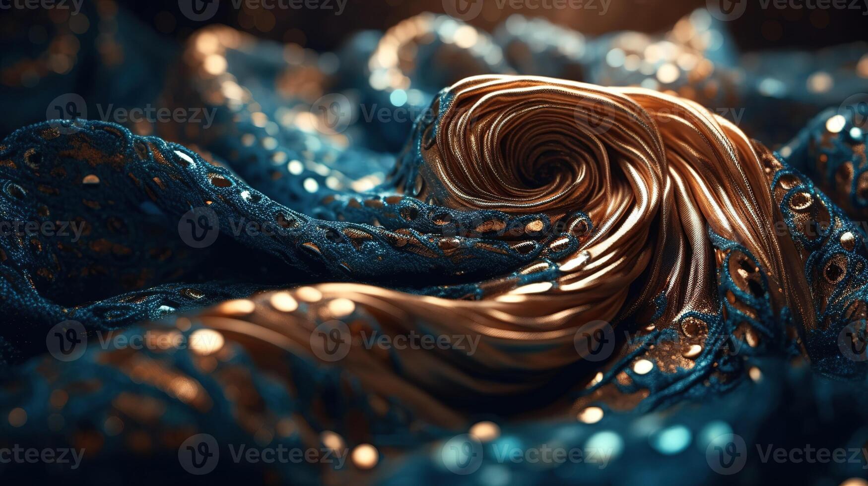 Blue and Gold Fabric in Wavy Bokeh Abstract Background. photo