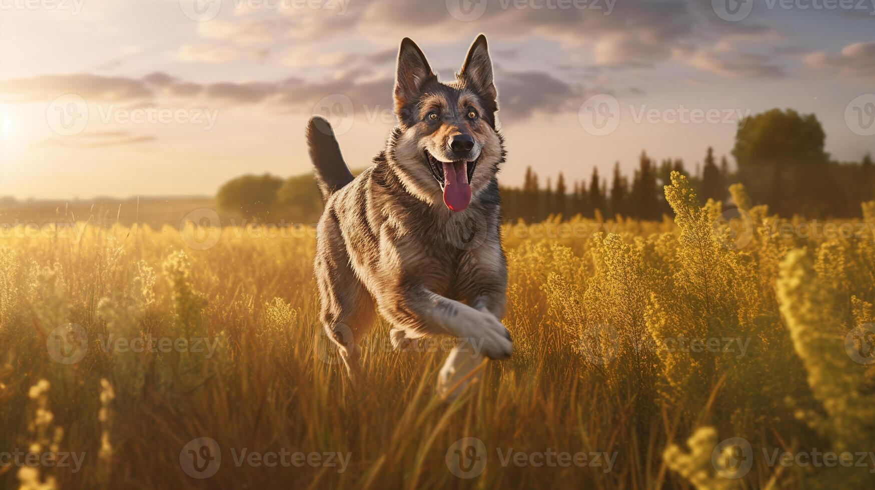 un contento perro saltando con deleite a través de el iluminado por el sol campo. generativo ai foto