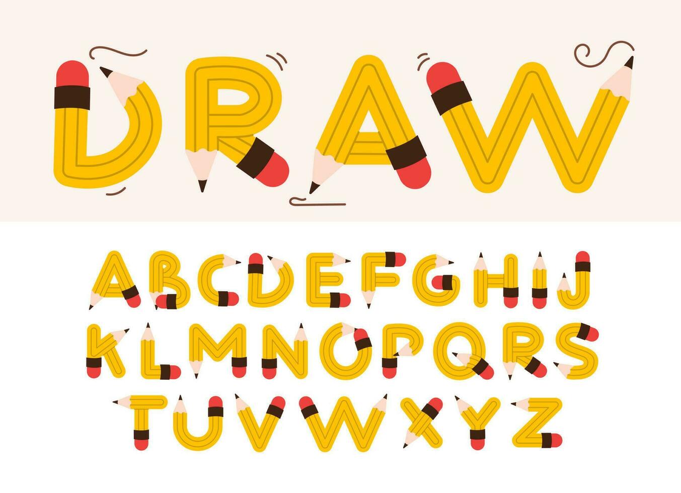 Alphabet in the form of pencils. Children's playful alphabet. Stylized multicolored letters. Vector font design template.