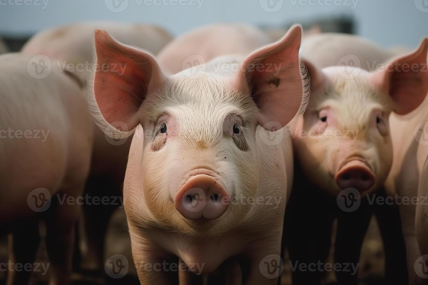 Several small and one large pig by barn at pig farm. photo
