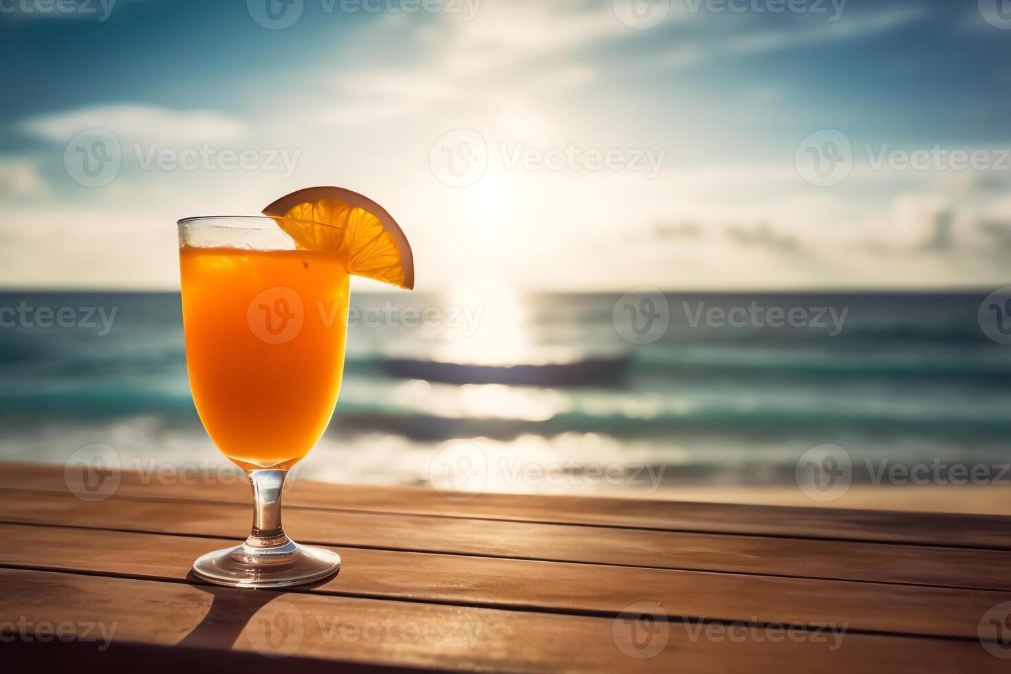 Summer tropical beach background with fresh margarita coctail on the table in hot summer day. photo