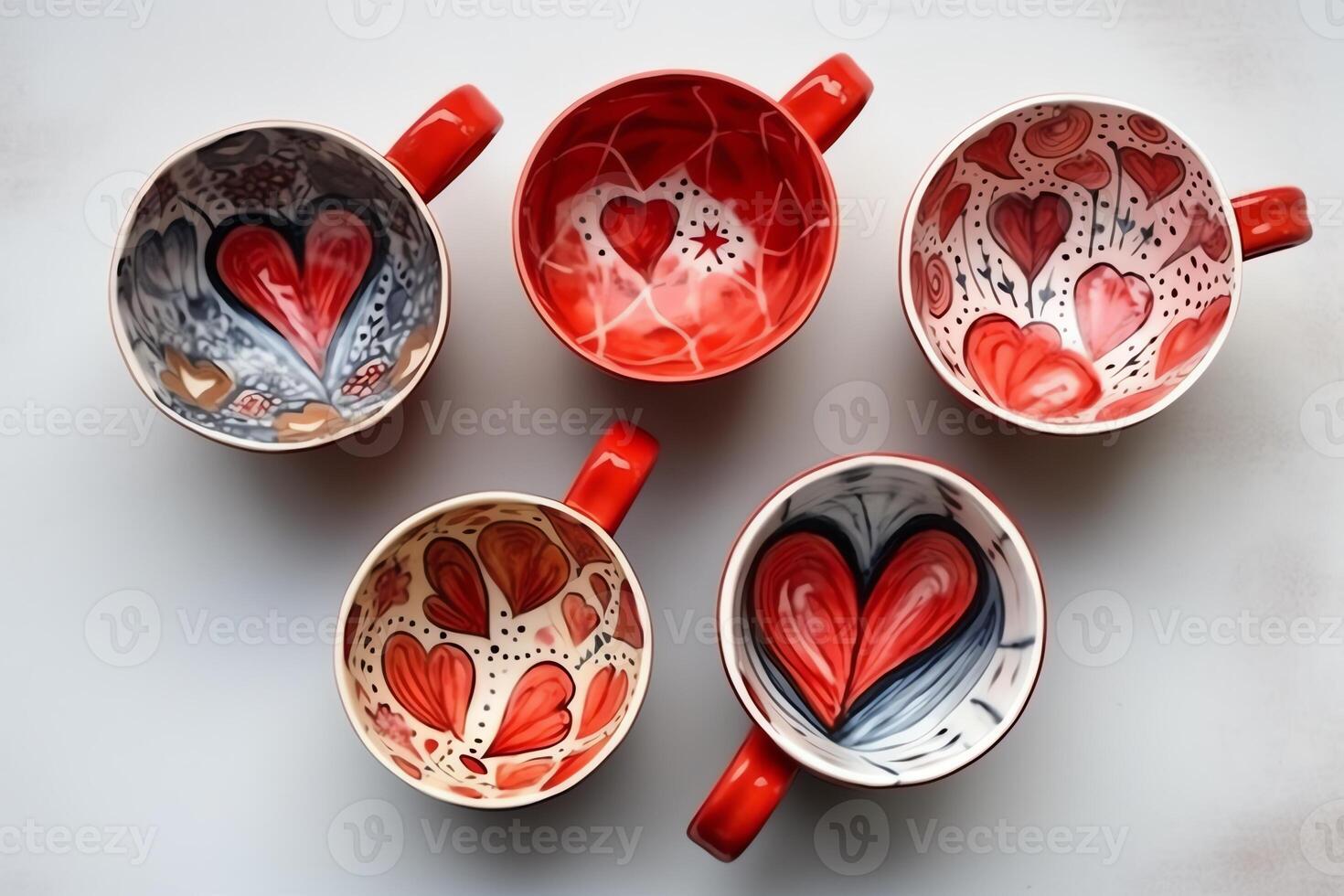 Gouache mixed media cups on white background patterned coffee mugs ans cups heart pattern red cup of coffee. photo