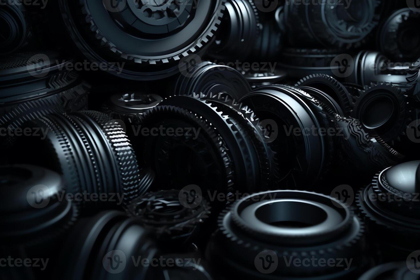 Dark industrial wallpaper 3d render vehicle parts pattern black transport background with car parts gear wheels pipes heap of auto parts wheels 3d illustration. photo