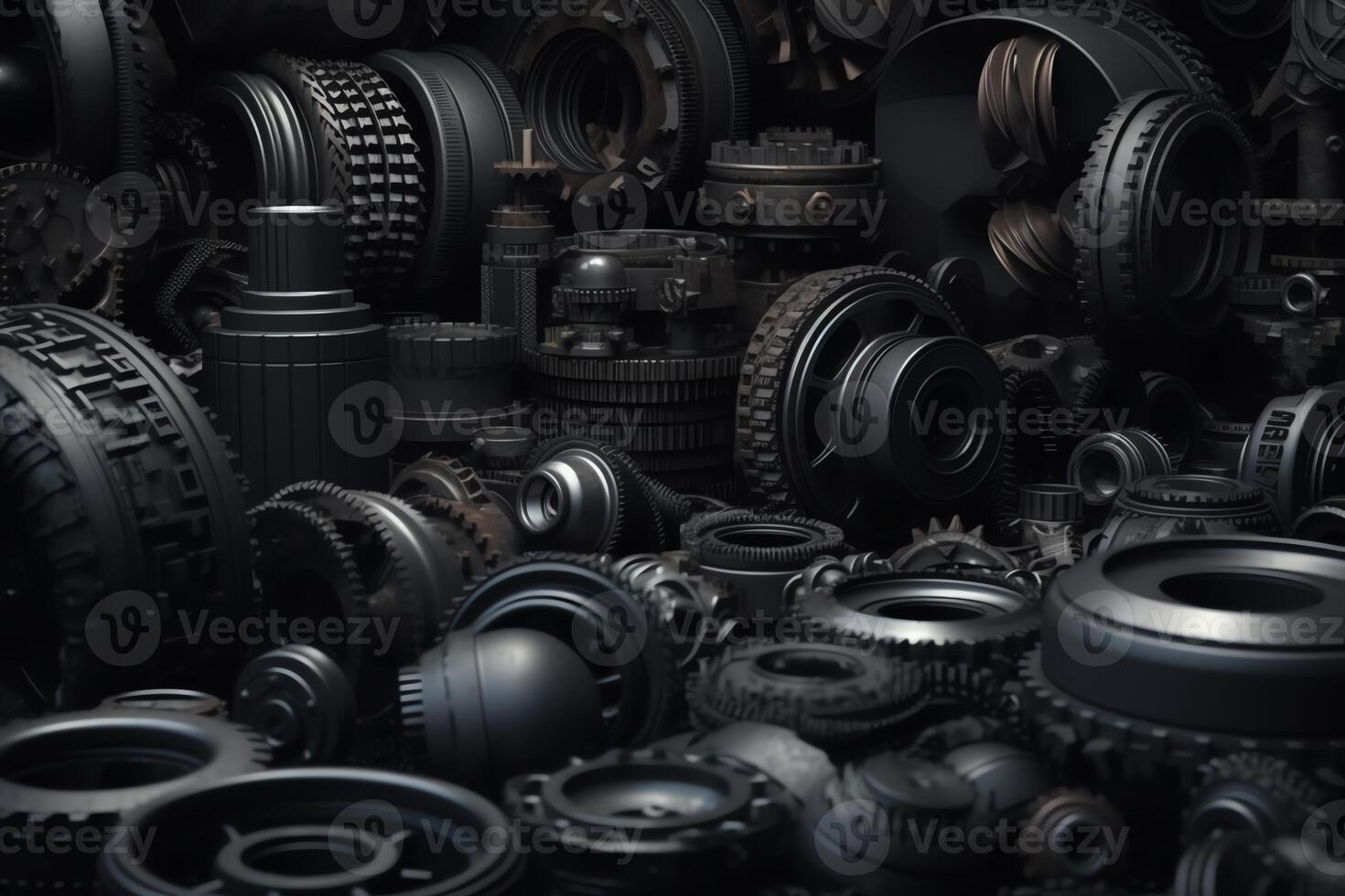 Dark industrial wallpaper 3d render vehicle parts pattern black transport background with car parts gear wheels pipes heap of auto parts wheels 3d illustration. photo