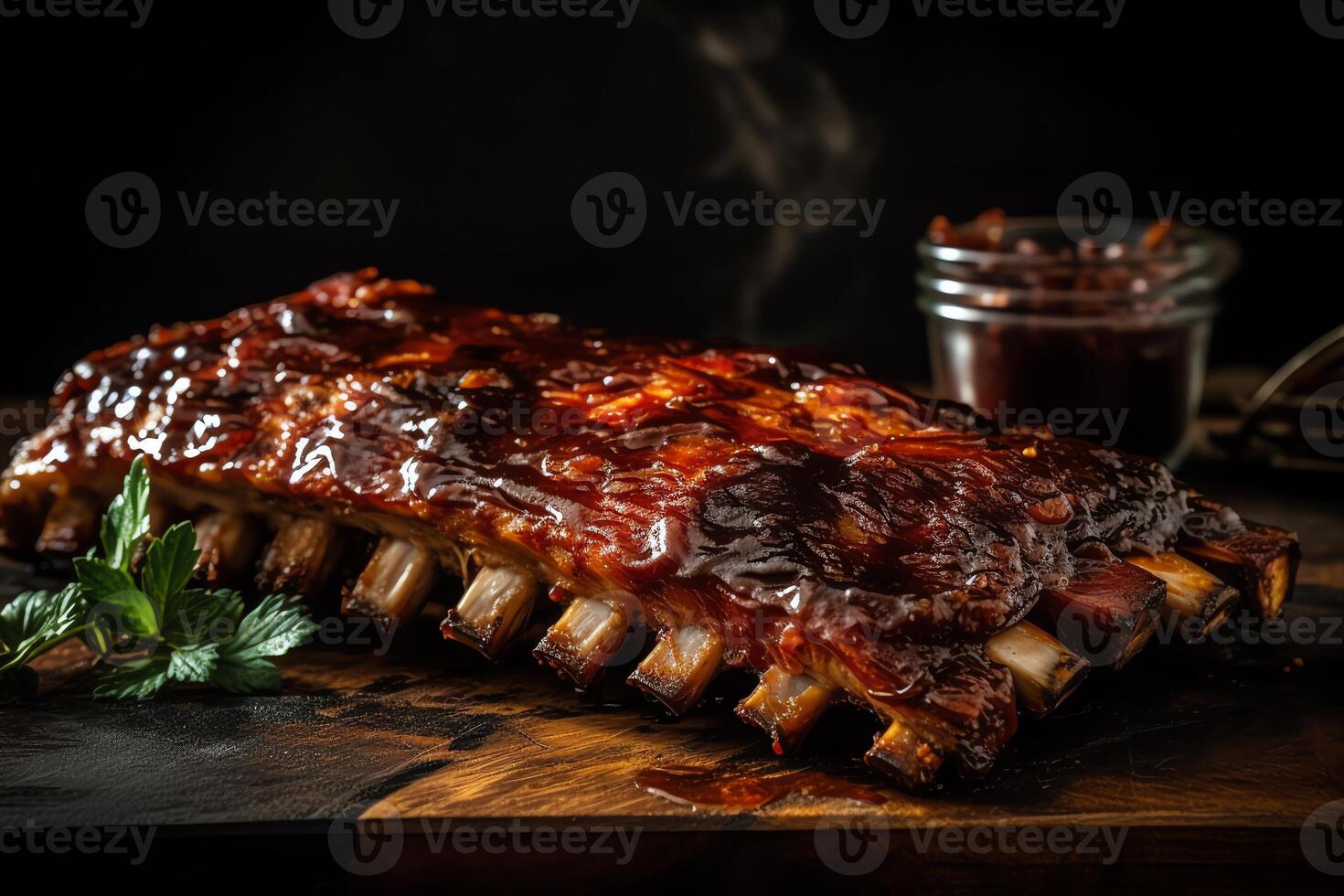 barbacoa ahumado costillas con un oscuro antecedentes creado con ayuda de. ai generado foto