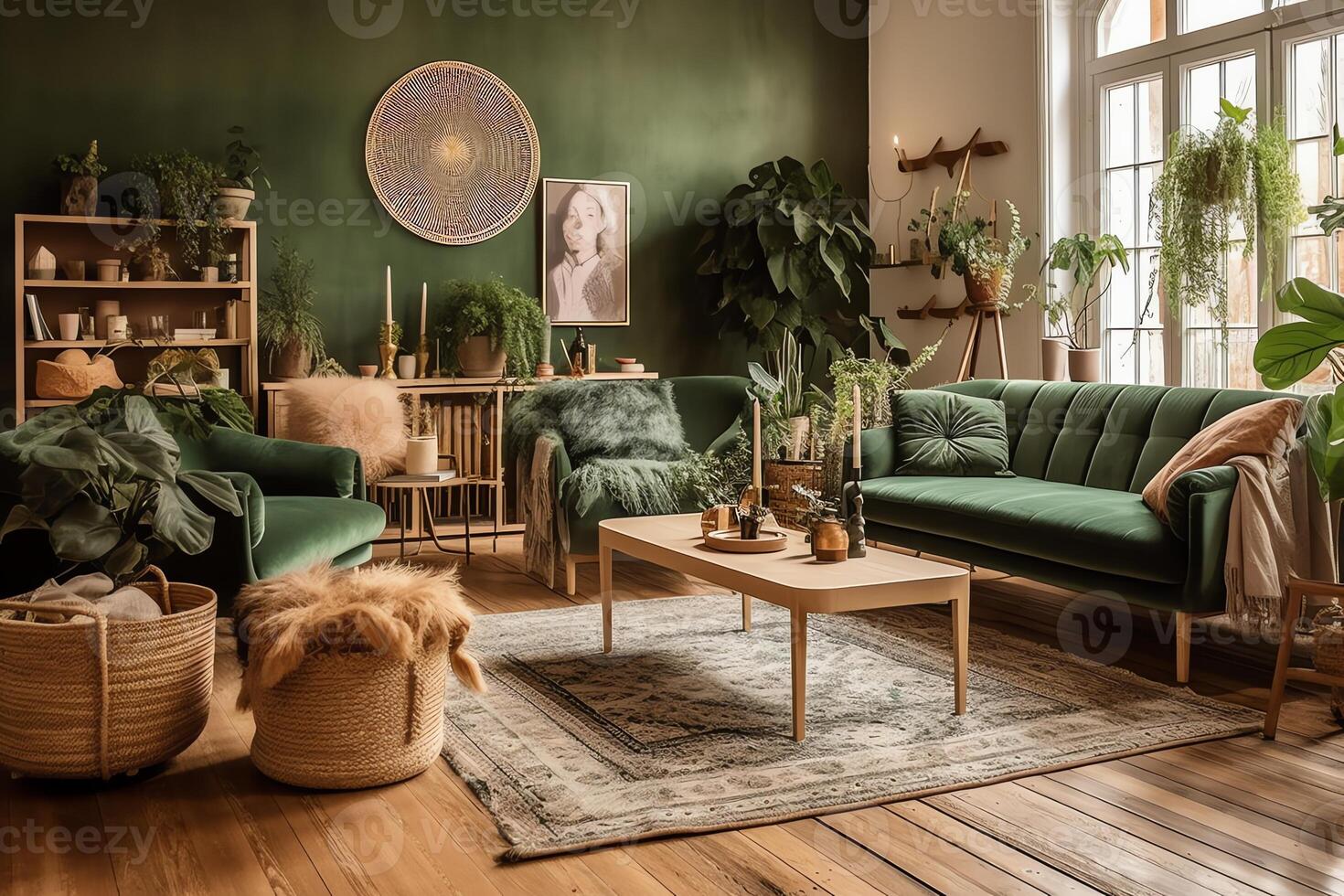 Chic boho living room with a velvet green sofa woven rug and plants in