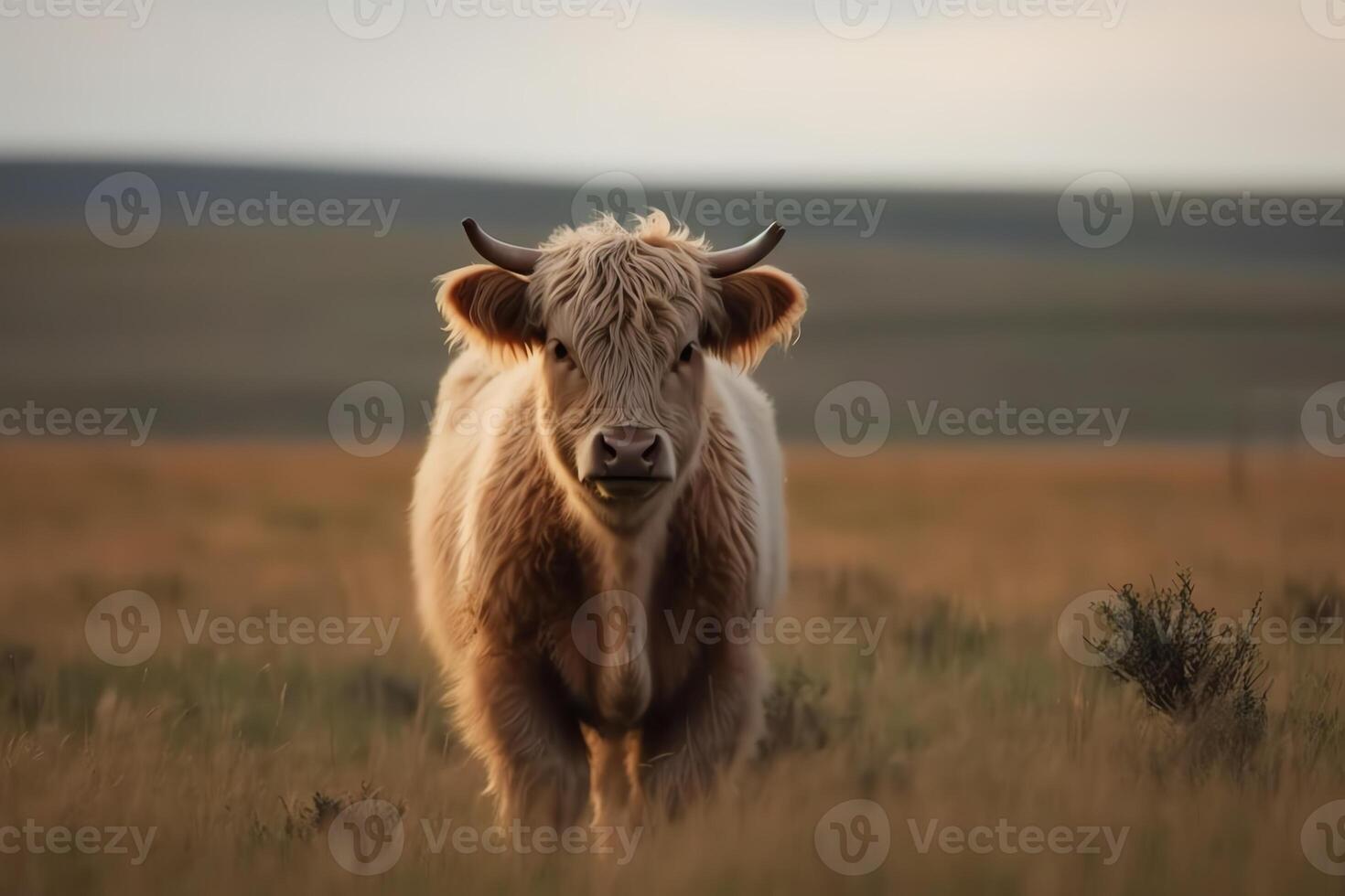 Fluffy cow in beautiful plain field. photo