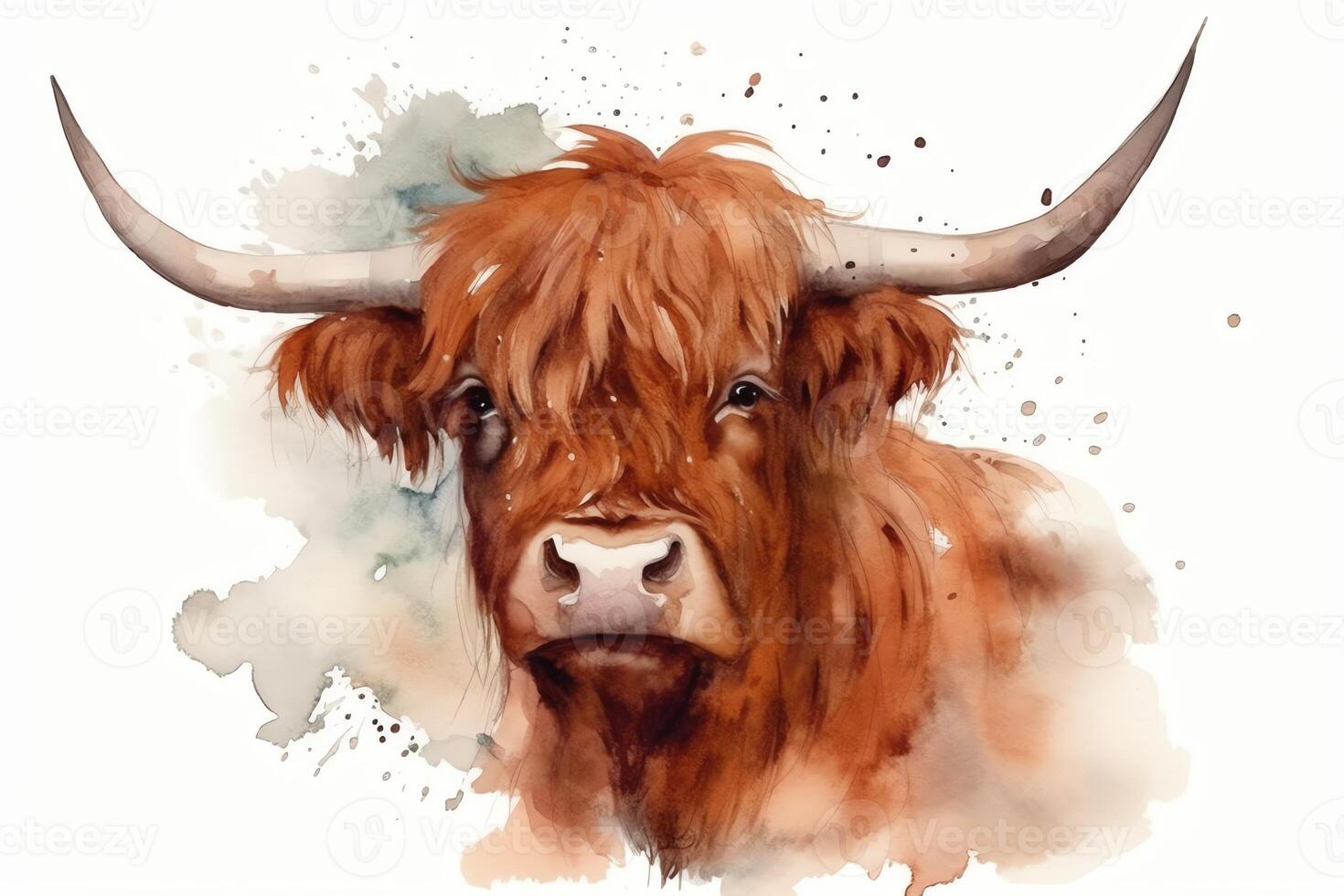 Scottish highland cow head handdrawn watercolor illustration year of the ox 2021. photo
