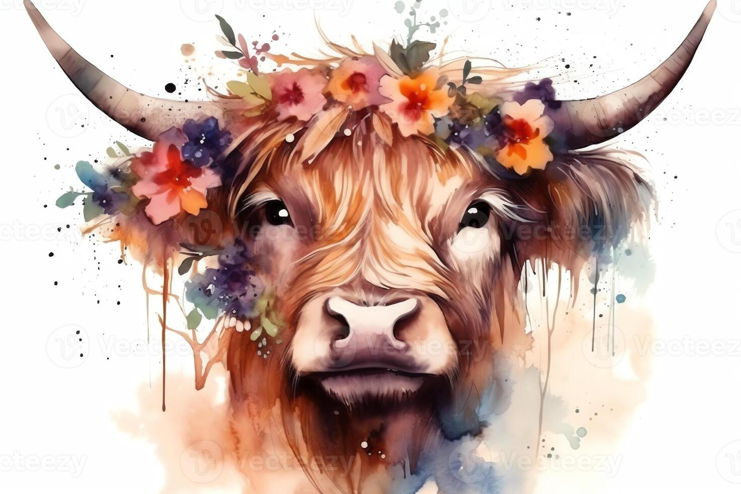 Watercolor scottish highland cow beautiful highland cow with flowers on her head floral headband. photo